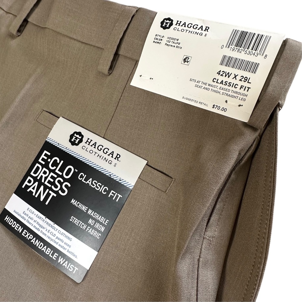 Haggar Dress Pant Mens 42x29 Taupe NWT Classic Fit Flat Front Slacks Dadcore